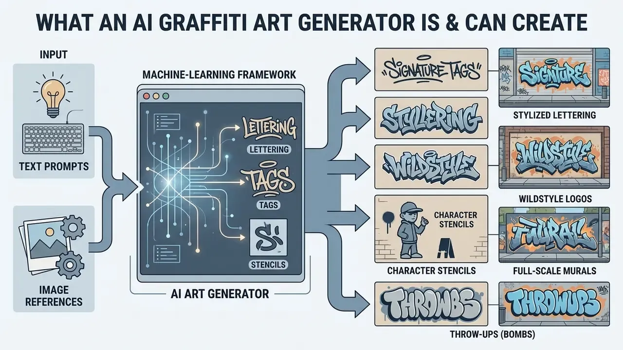 Infographic showing how inputs like text and images are processed into various street art styles