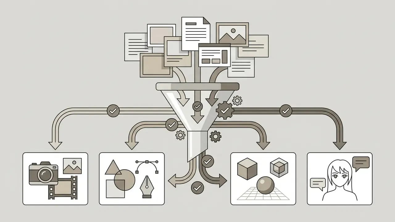 Funnel system sorting documents and images into photo, vector, 3D, and anime style categories
