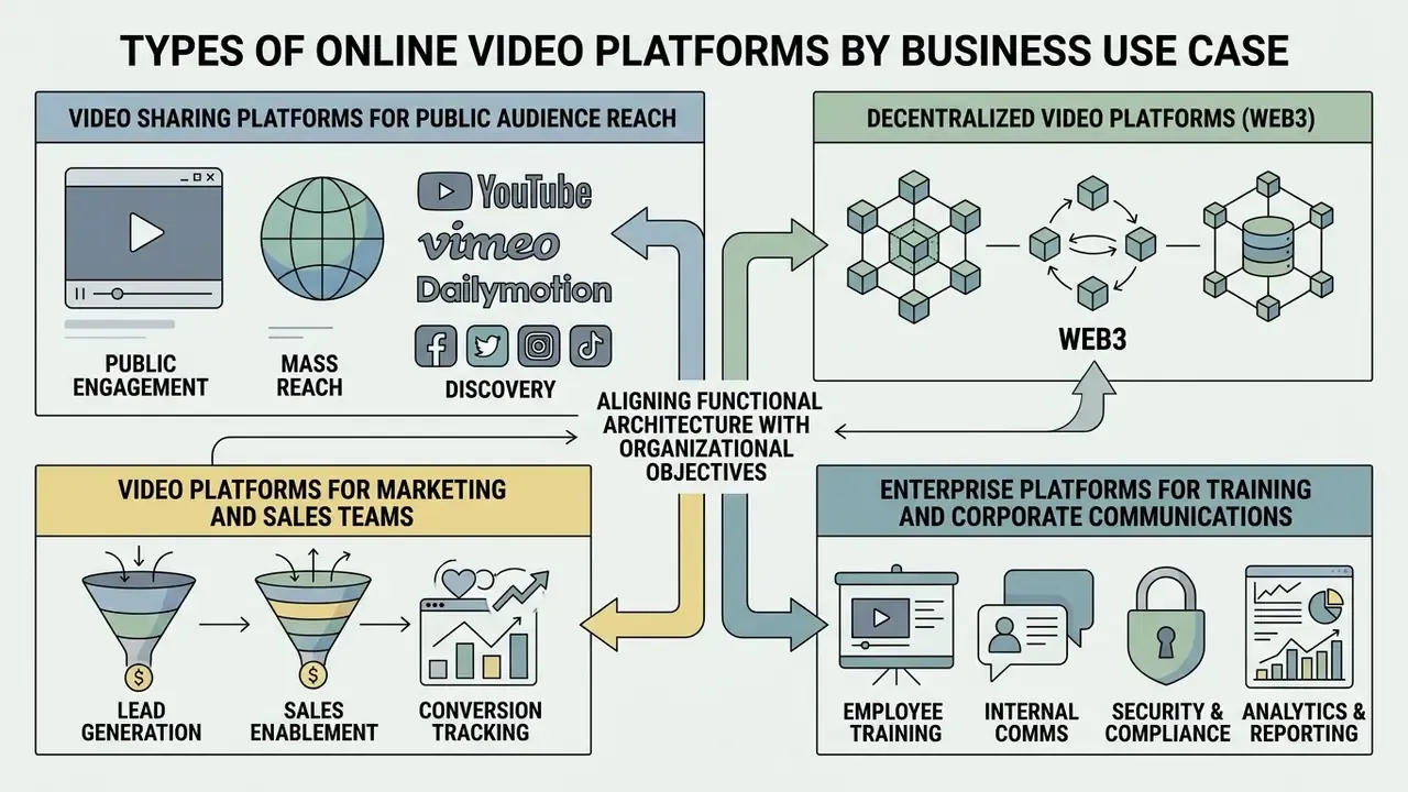Diagram categorizing video hosting solutions by business goals like public reach, Web3, sales, and training