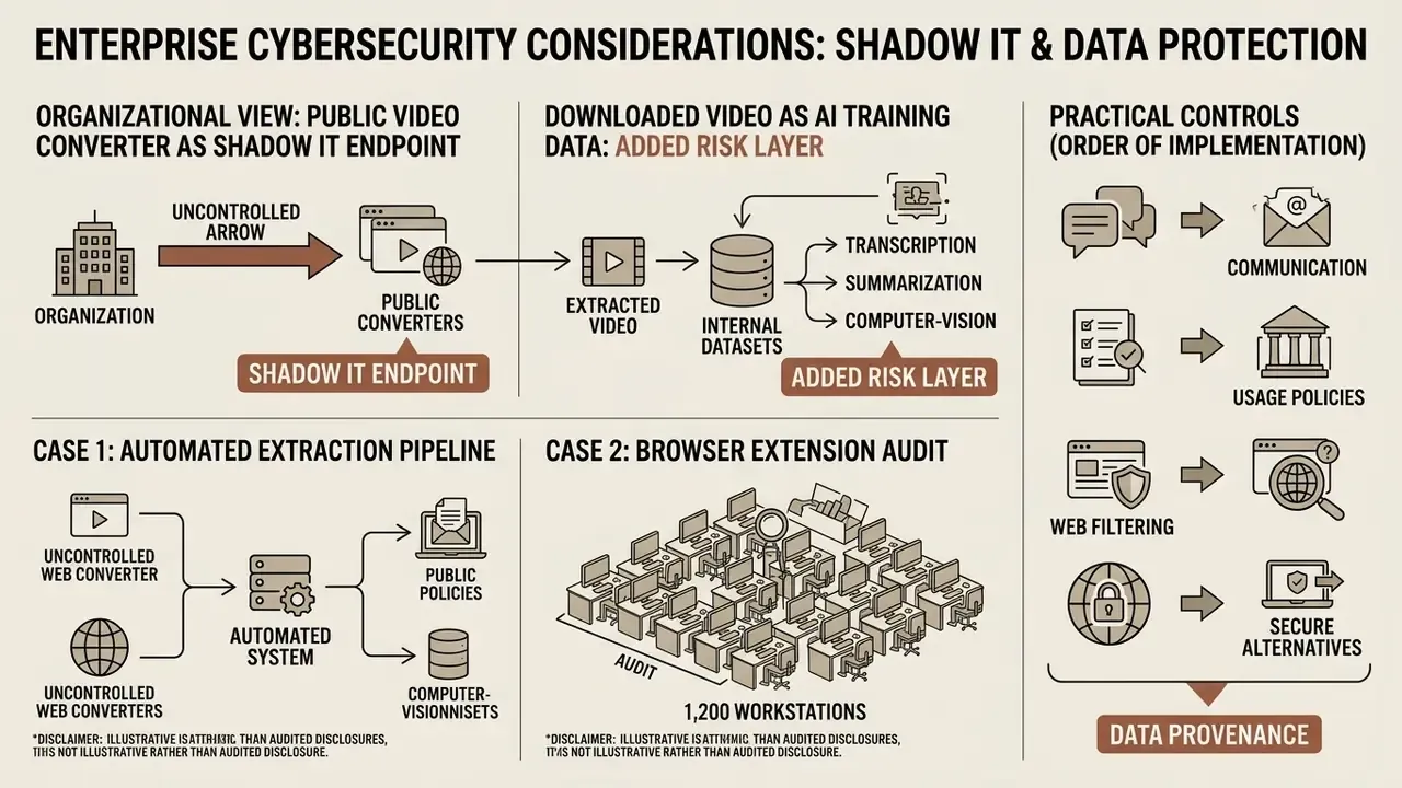 Visual overview of Shadow IT risks involving public converters, AI data pipelines, and security controls