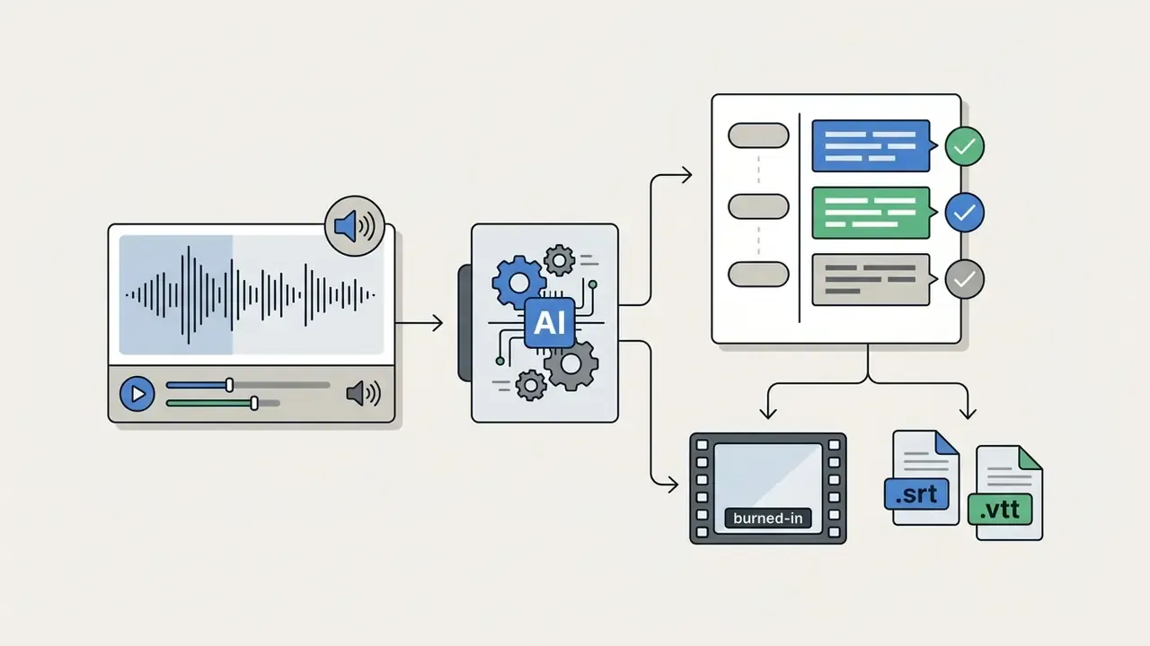 Audio waveform processed by AI into reviewed subtitles for burned-in video or exported srt and vtt files