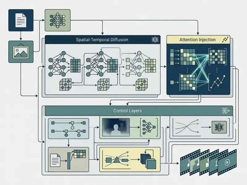 Technical diagram showing spatial-temporal diffusion, attention injection, and control layers for AI video