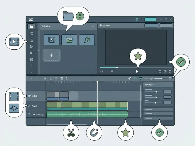Annotated screenshot of the CapCut video editor workspace showing media, preview, and timeline panels
