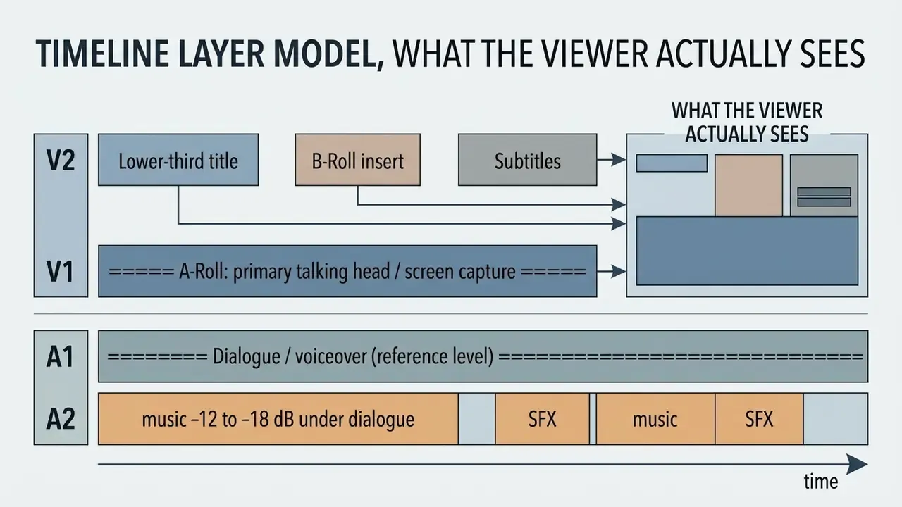 Diagram showing video and audio tracks layered over time to compose a final visual output