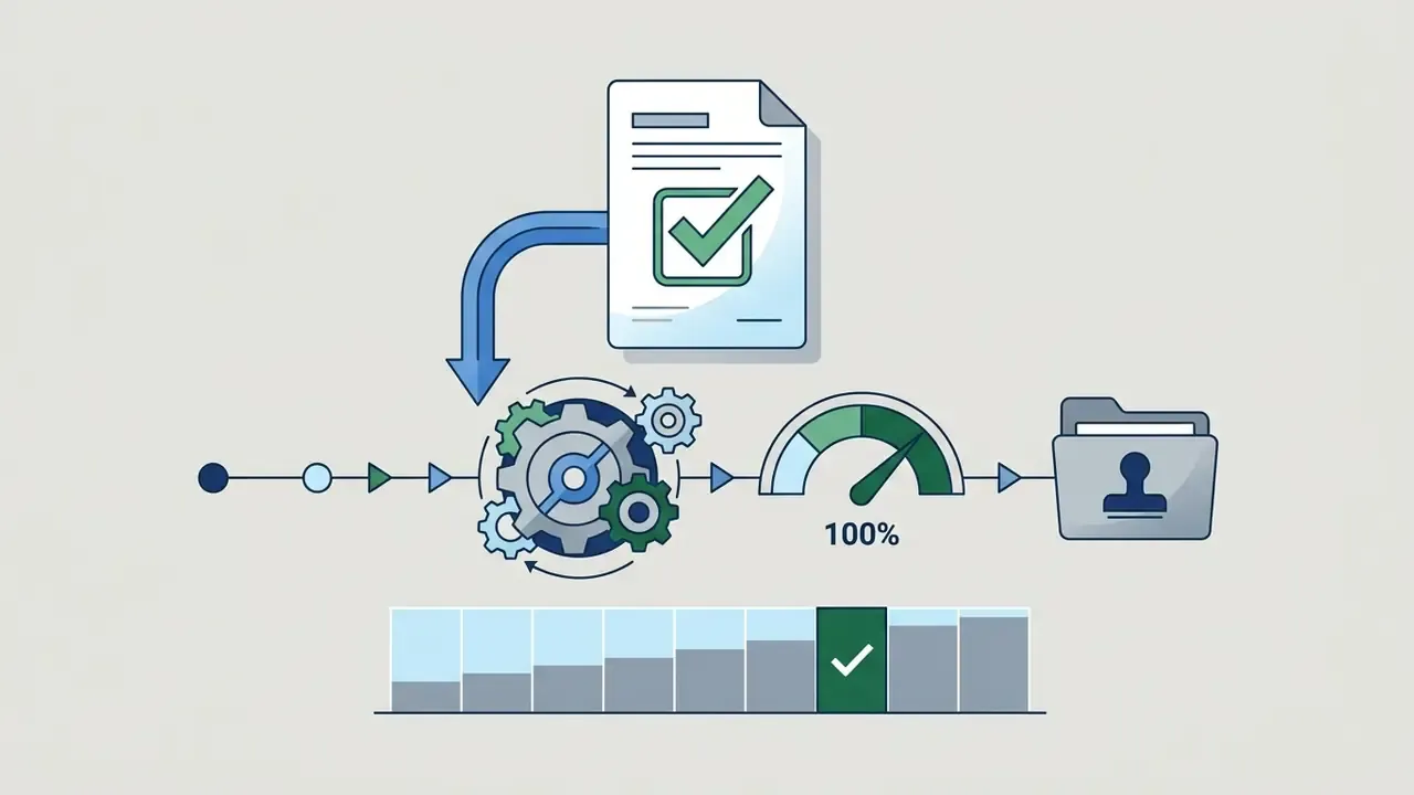 Approved document feeding into a gear system and progress gauge leading to a finalized project folder