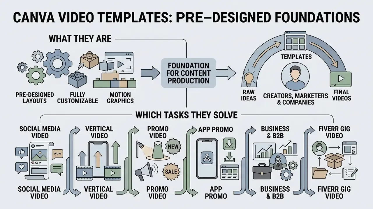 Infographic showing how Canva video templates streamline content production across various professional tasks