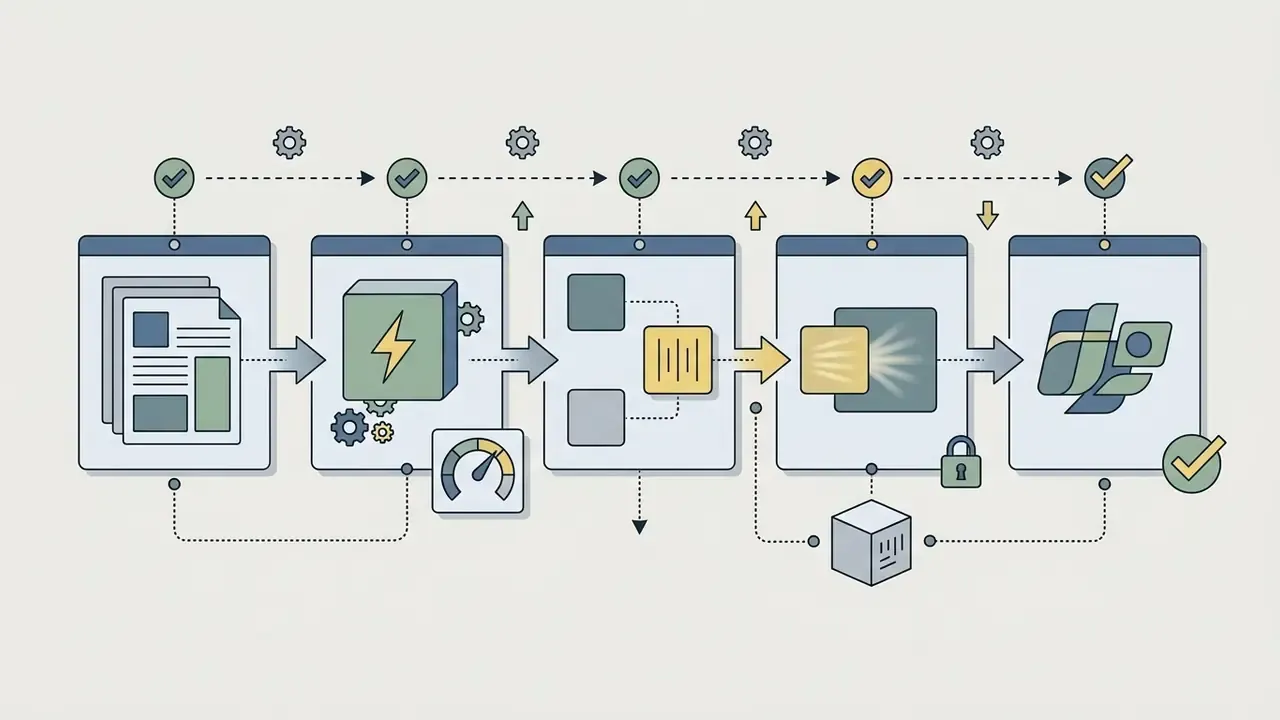 Series of connected frames showing data transformation through gears, gauges, and locks to final output