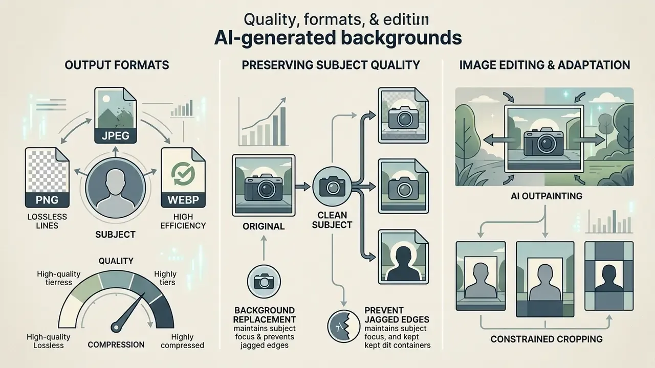 Diagram comparing file formats, quality levels, and techniques for image expansion and cropping