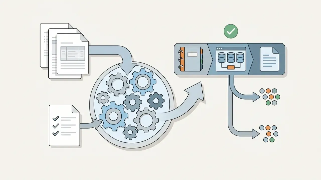 Documents feeding into a gear system that processes data into case management systems and digital outputs