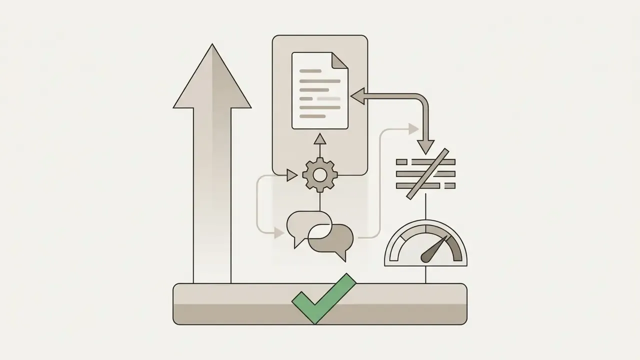 Gear and document icons linked to speech bubbles, a gauge, and a checkmark representing data flow