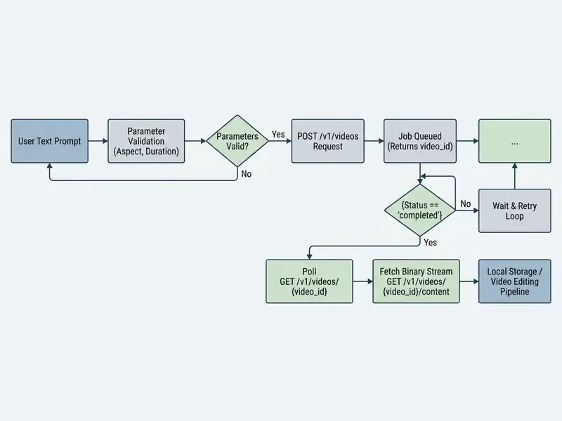 Step-by-step flowchart illustrating the Sora API request cycle from prompt submission to video retrieval