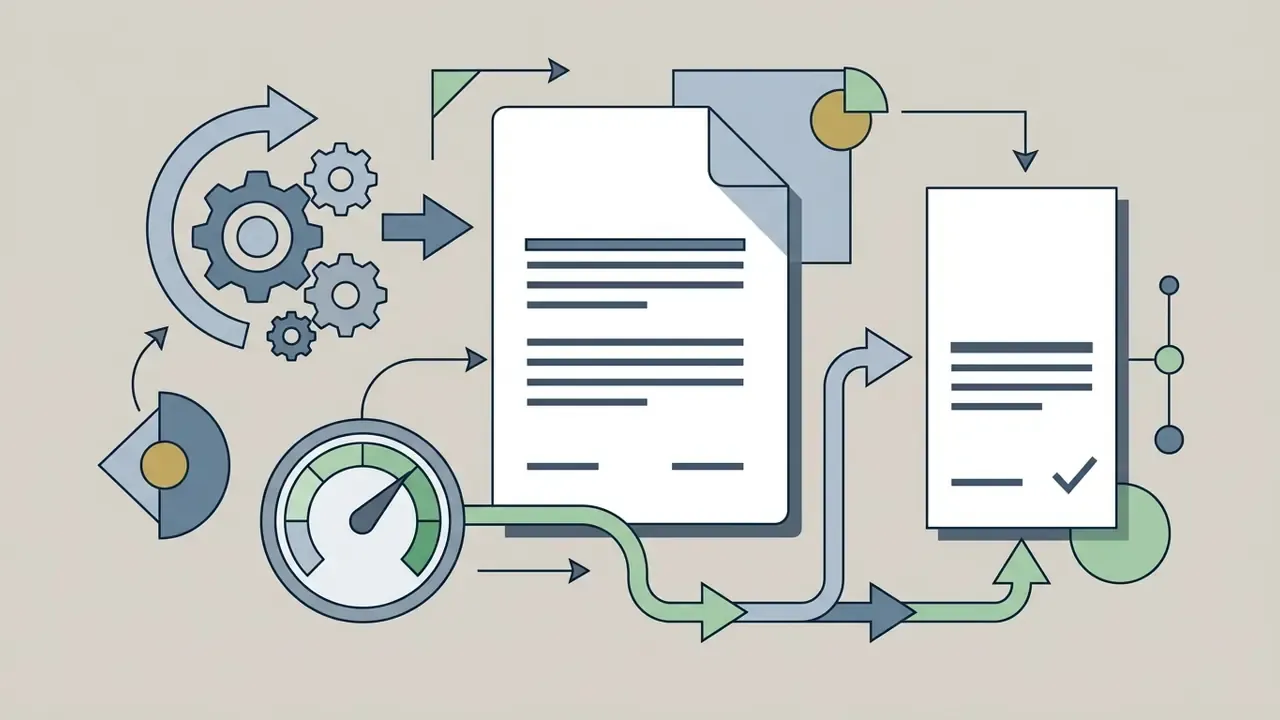 Gears and a speedometer connected to paper reports and a checklist showing a compliance review process