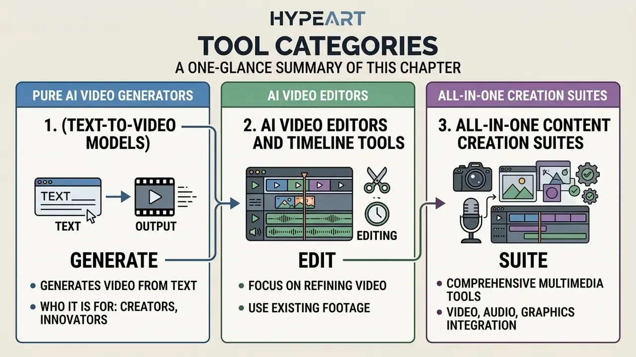 Infographic comparing three categories of AI video tools including generators, editors, and creation suites