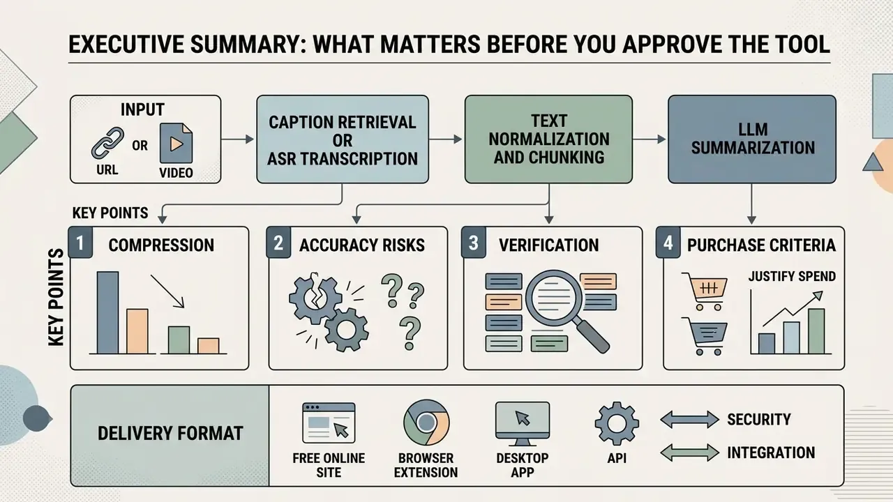 Flowchart showing an AI pipeline for summarizing video content with key evaluation points and delivery formats