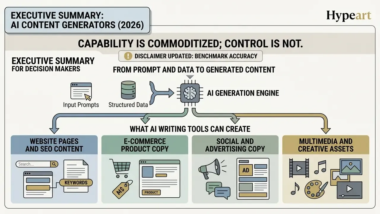 Infographic showing how prompts and data flow into an AI engine to create various types of digital content