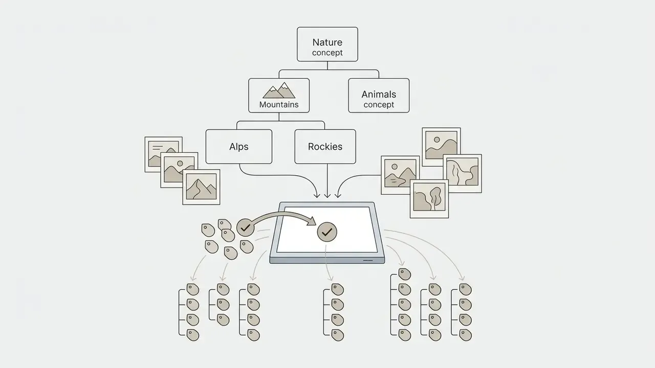 Tree structure of categories organizing photo thumbnails into a central digital filing system