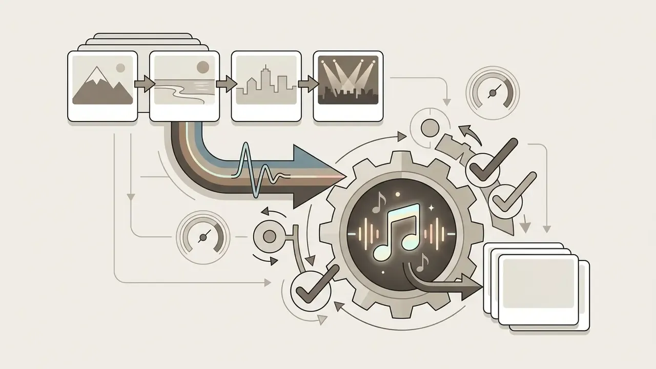 Sequence of photos feeding into a central music gear icon to produce a synchronized slideshow