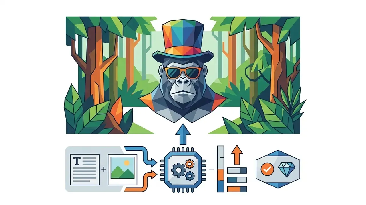 Low-poly gorilla with a colorful top hat and sunglasses processed by a chip and gear mechanism