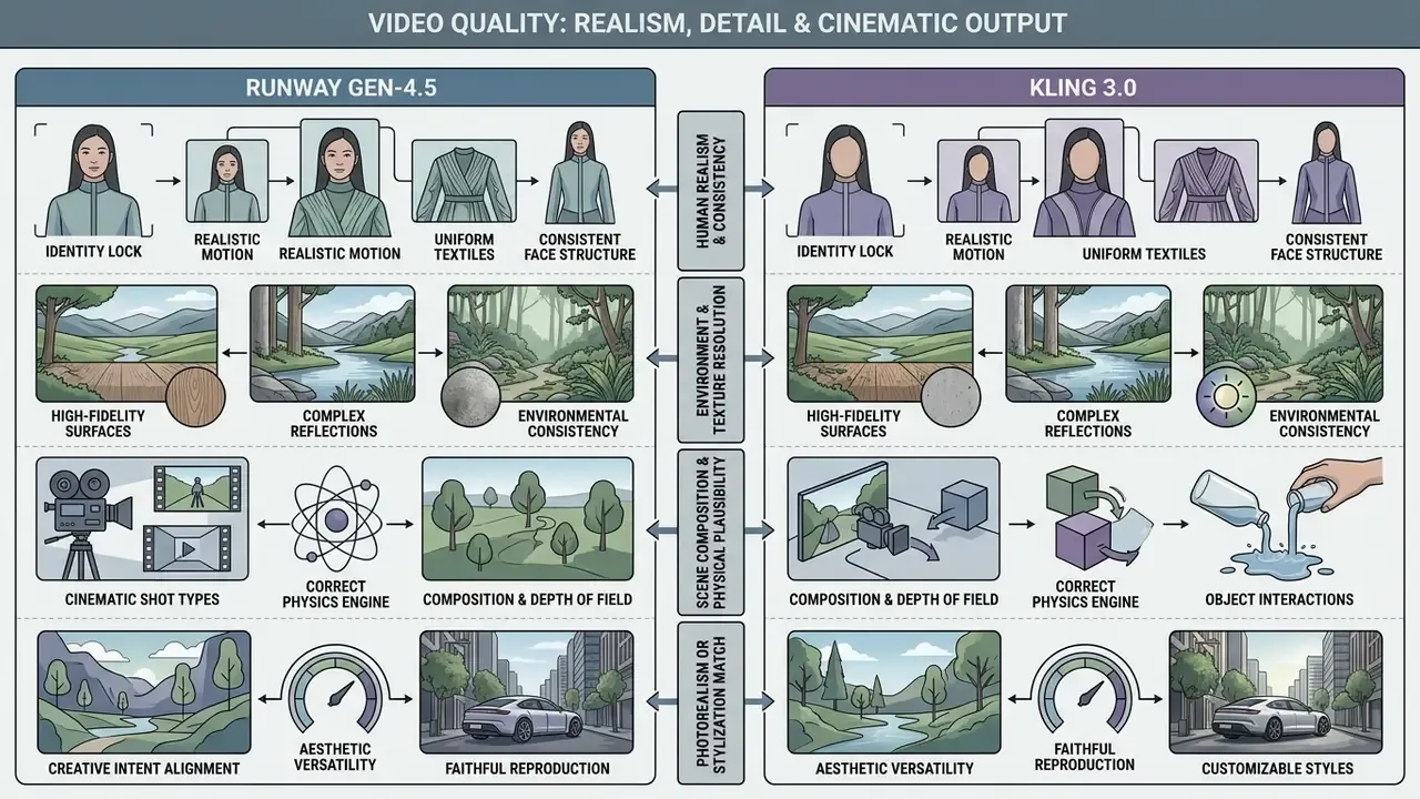 Side-by-side comparison of Runway and Kling AI features across human realism, environment, and physics