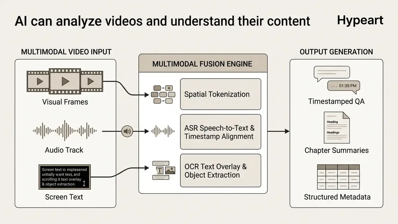 Diagram showing how a multimodal fusion engine processes video, audio, and text inputs into structured data