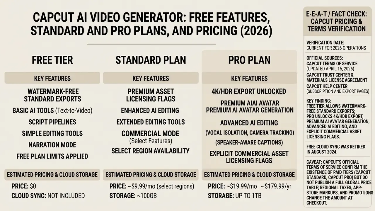 Comparison table outlining key features, pricing, and cloud storage for free, standard, and pro tiers