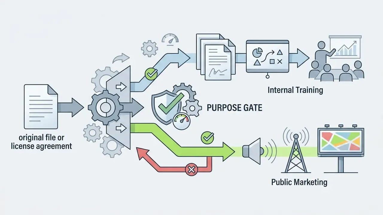 Document processing path splitting into internal training and public marketing routes at a purpose gate