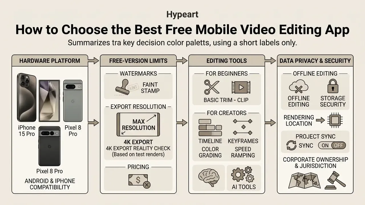 Flowchart outlining key criteria for evaluating a free video editing app mobile software