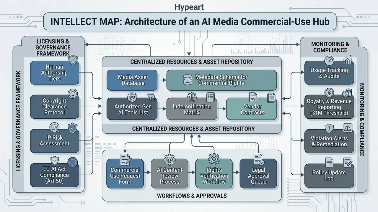 Diagram mapping the governance, asset repository, and approval workflows for an AI Media Commercial-Use Hub