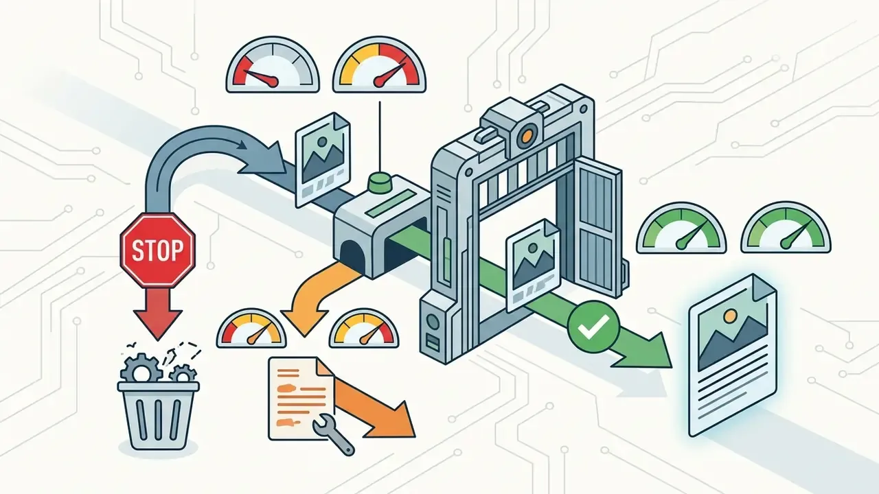Automated quality gate filtering images based on performance metrics and threshold indicators