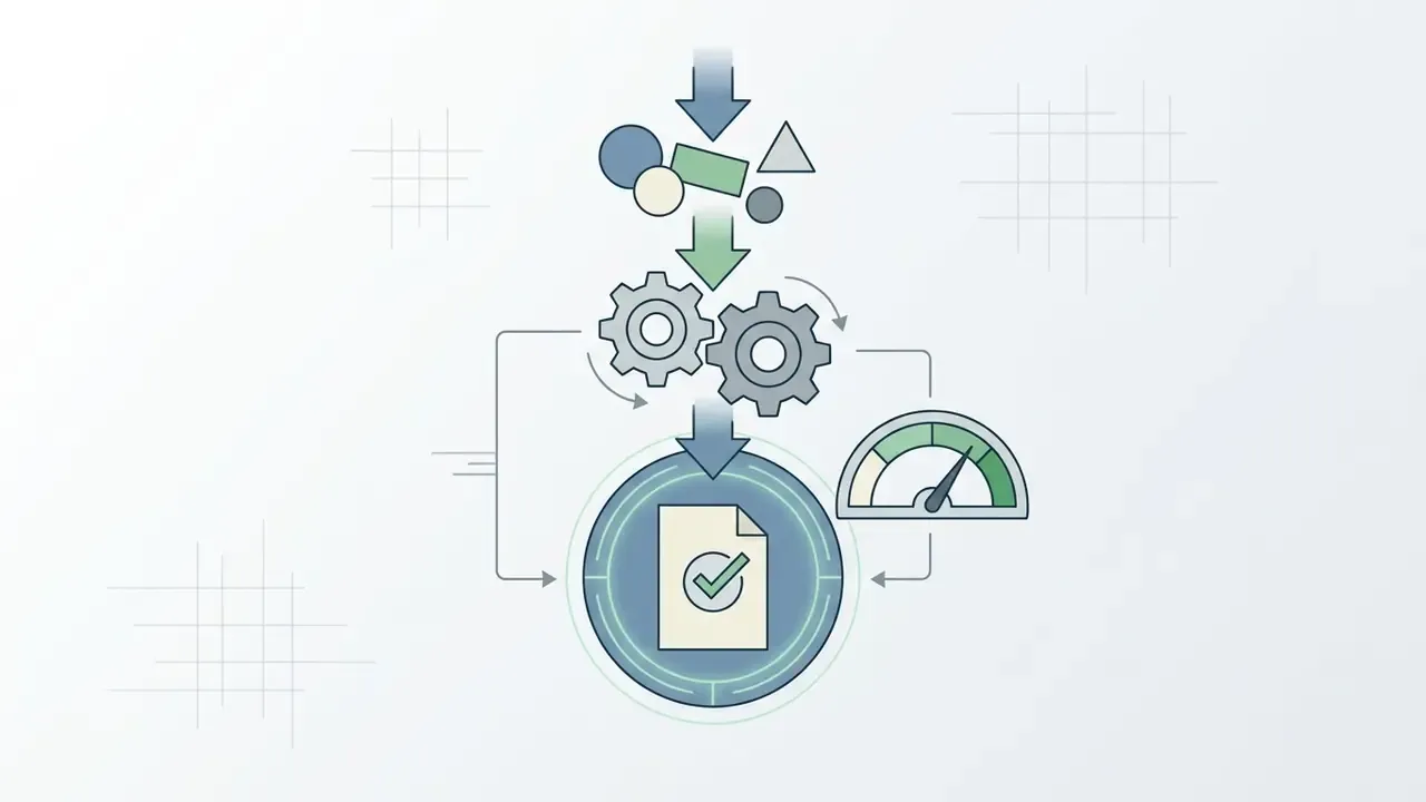 Geometric shapes feeding into rotating gears that process data into a verified document and speed gauge