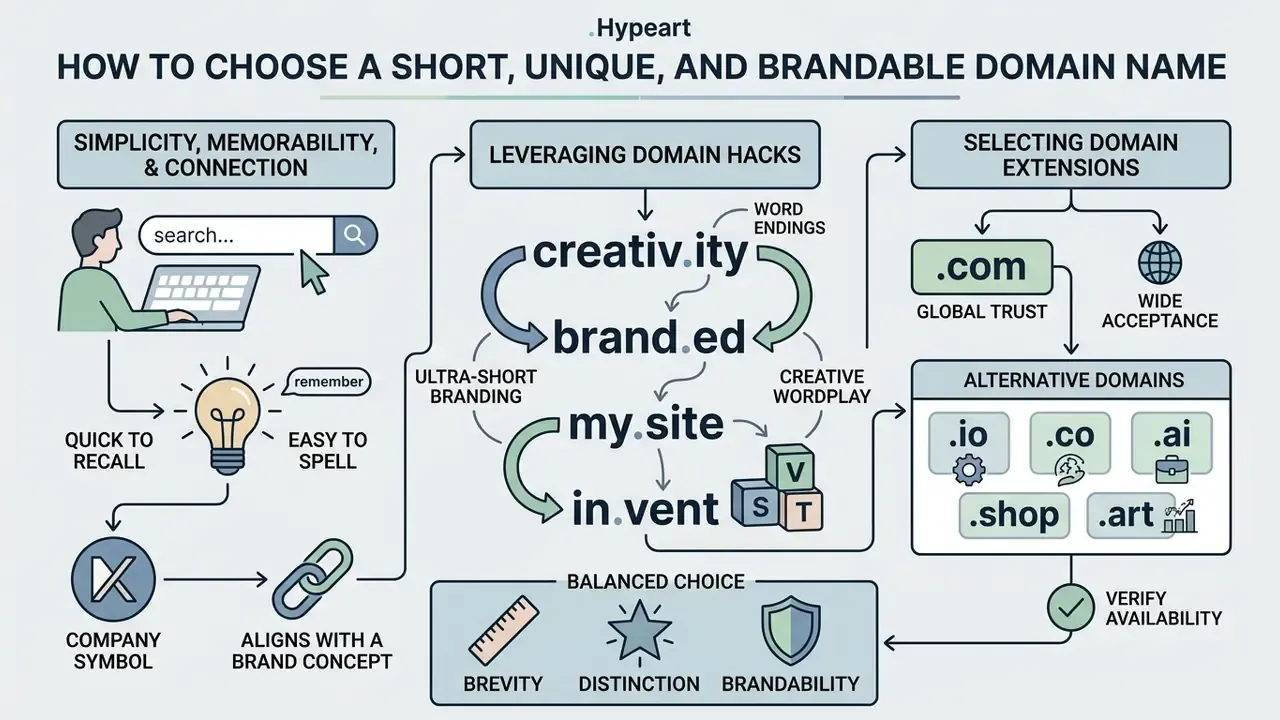 Infographic outlining steps for domain selection including simplicity, creative hacks, and extension types