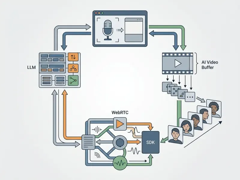 Circular data flow diagram showing WebRTC exchange between client, LLM, and streaming avatar generator