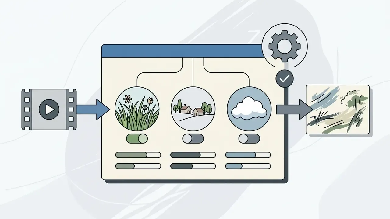 Video frame feeding into a settings panel with environmental prompts for Ghibli style animation