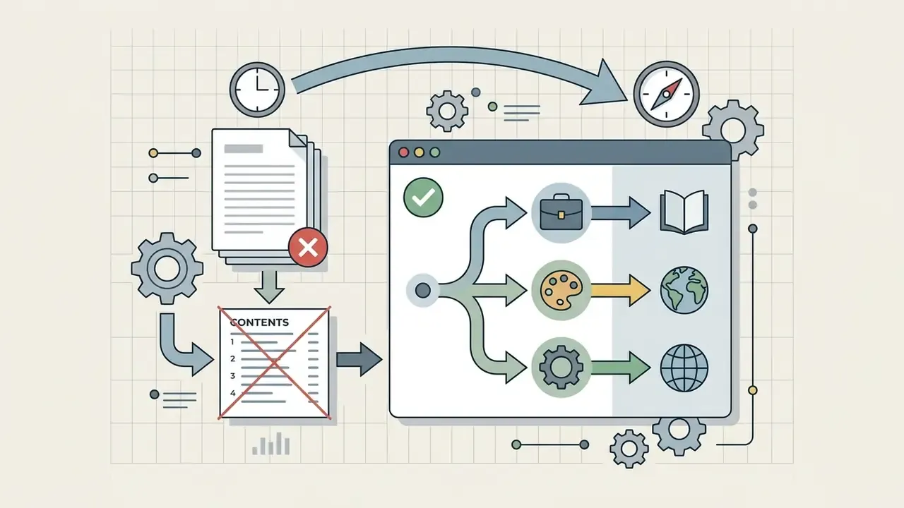 Navigation block being replaced by a branching path that routes three distinct reader profiles to specific content