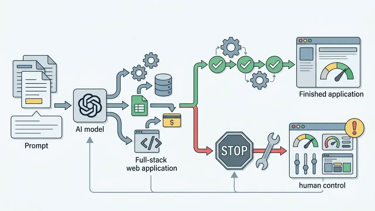 Process flow showing AI model output branching into successful application builds or human intervention