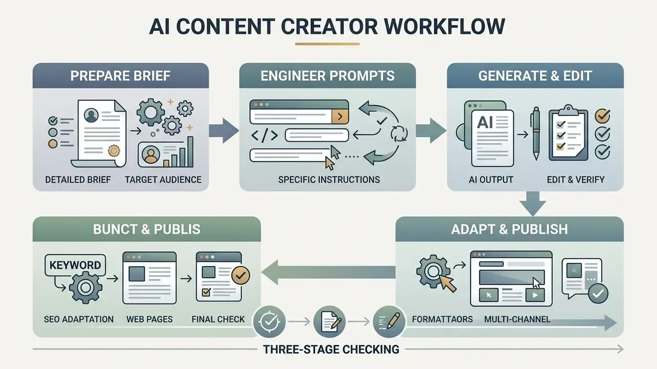 Sequential steps for content production including brief preparation, prompt engineering, and SEO adaptation