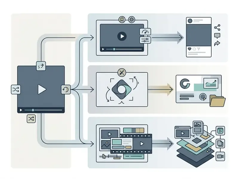 Schematic showing video generation outputs directed toward social media, branding, and production workflows