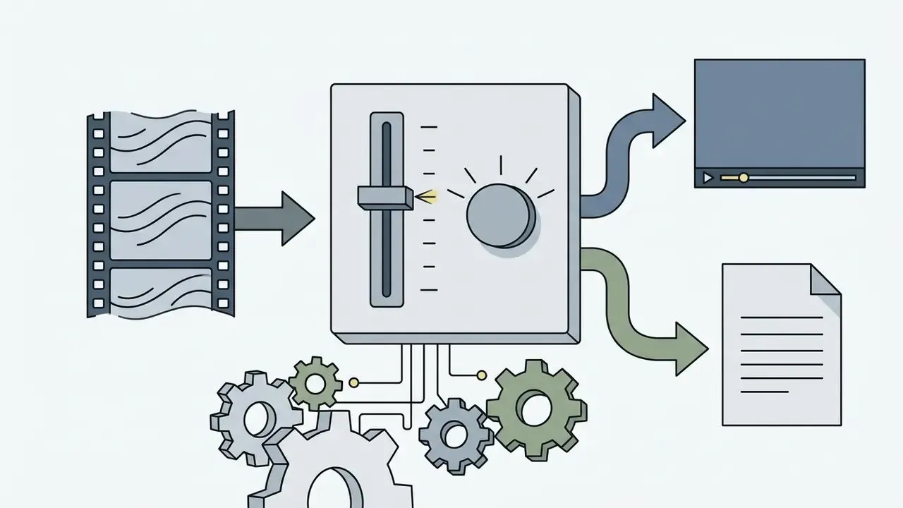 Film strip feeding into a control console with gears that outputs to a video player and document icon