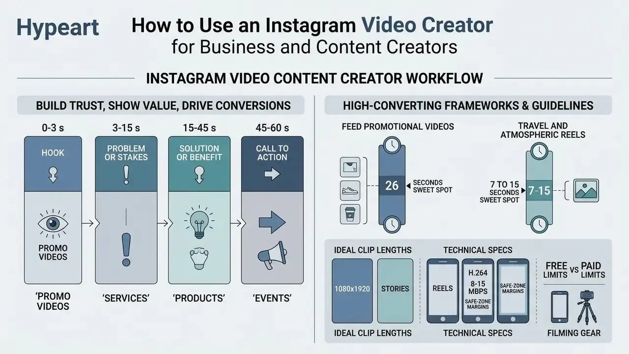 Timeline showing video segments from hook to call to action alongside duration and technical guidelines