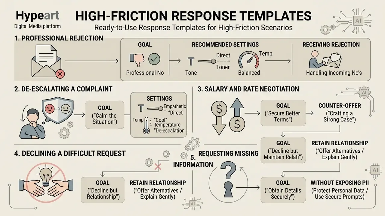 Infographic outlining communication strategies for five challenging professional workplace scenarios