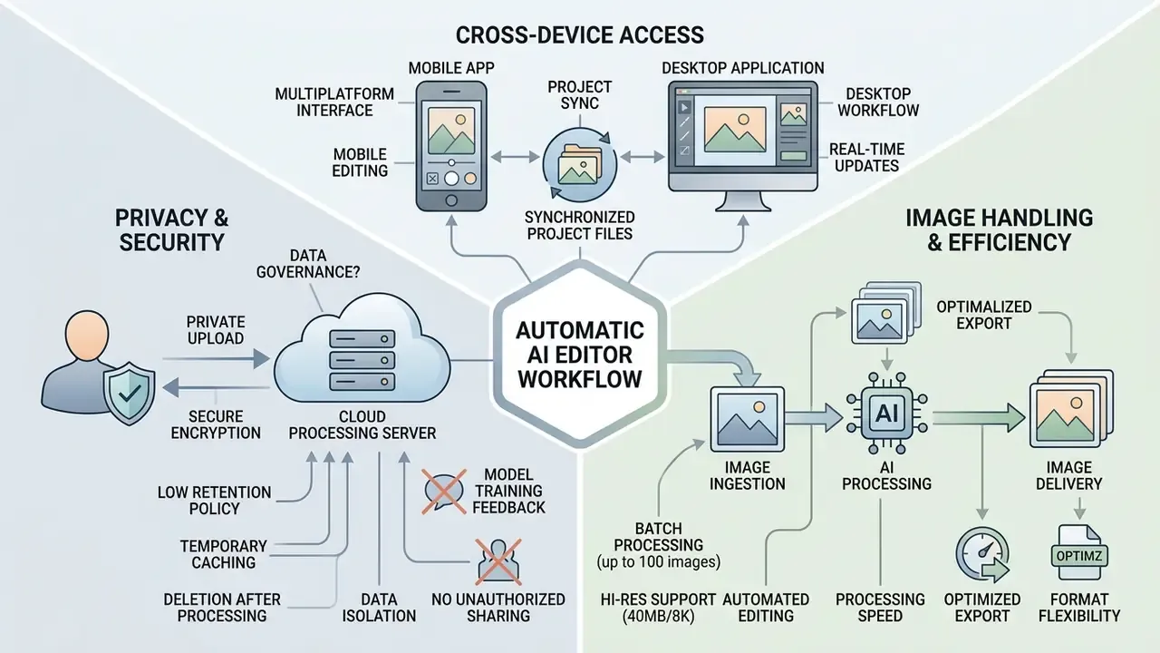 Diagram showing cross-device synchronization, cloud privacy protocols, and an automatic AI editor workflow