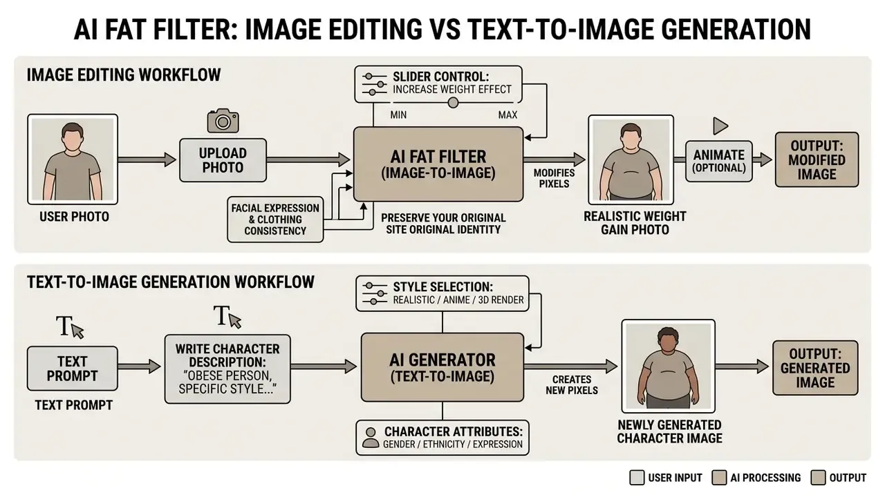 Flowchart comparing AI fat filter image editing processes with text-to-image generation workflows