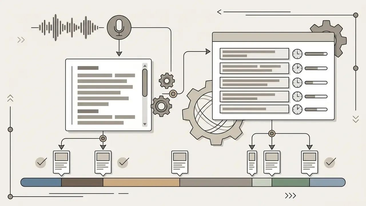 Audio waveform and microphone icon connecting to a text transcript and synchronized subtitle timeline