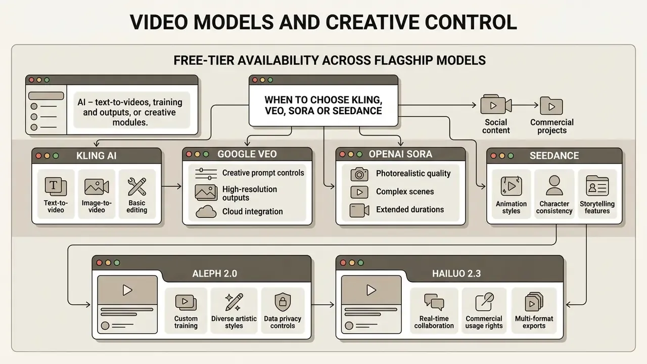 Comparison chart detailing features and use cases for various video generation models and their capabilities