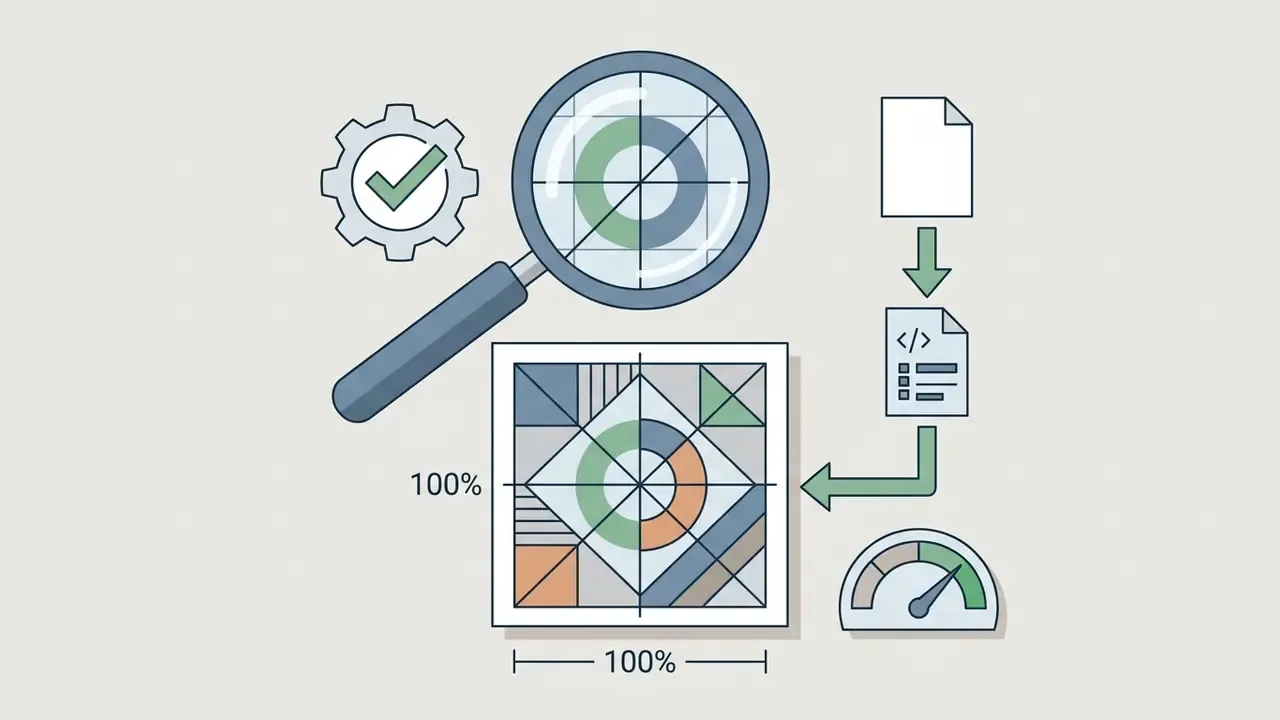 Magnifying glass inspecting a geometric design with code icons and a speed gauge indicating quality checks