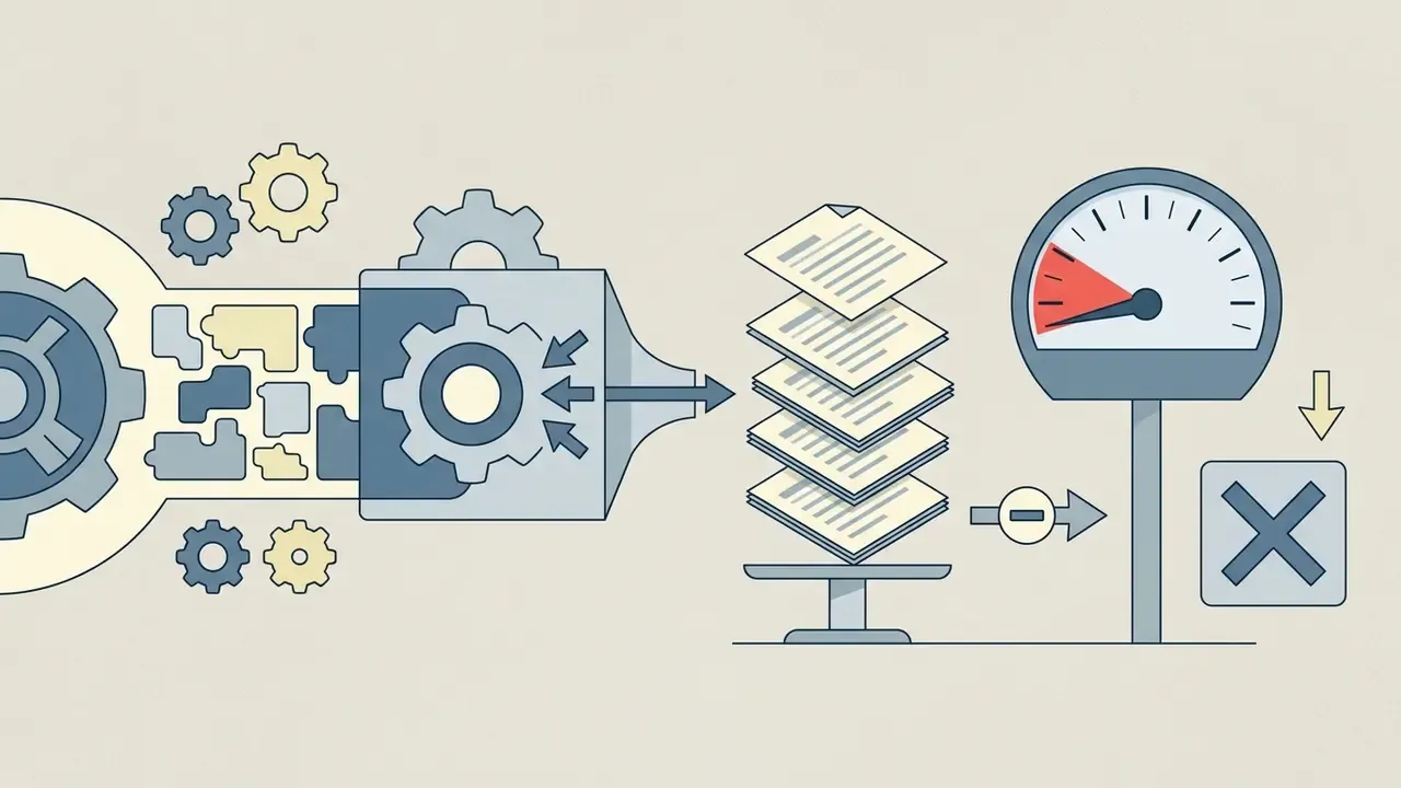 Gears processing puzzle pieces into a stack of documents pointing to a gauge with a negative indicator