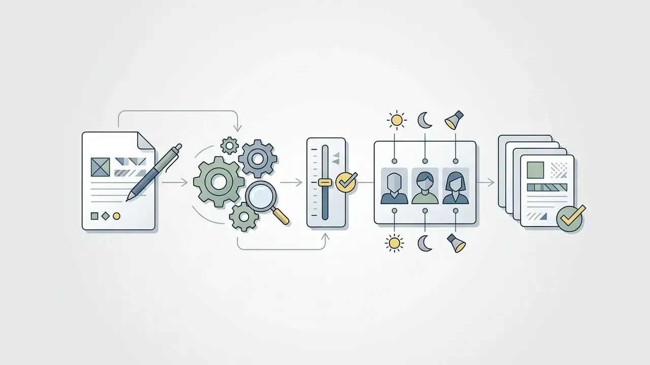 Document with pen, gear mechanism, slider, and character portraits with lighting options for generation