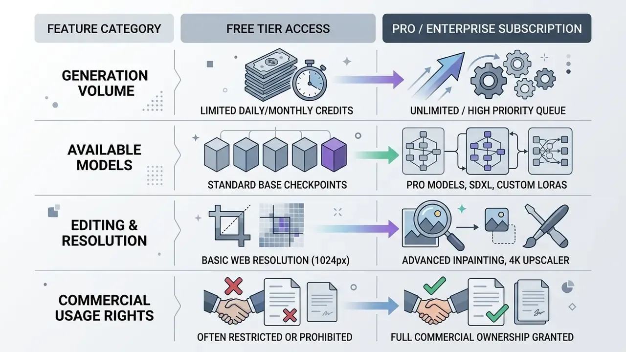 Comparison table contrasting free tier access against pro subscription features across four categories