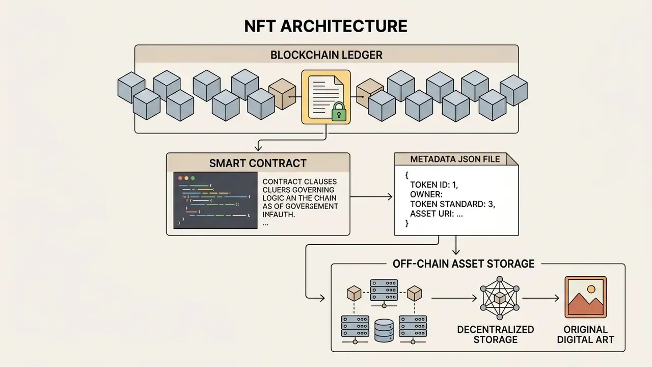 Diagram showing the relationship between blockchain ledgers, smart contracts, metadata, and storage
