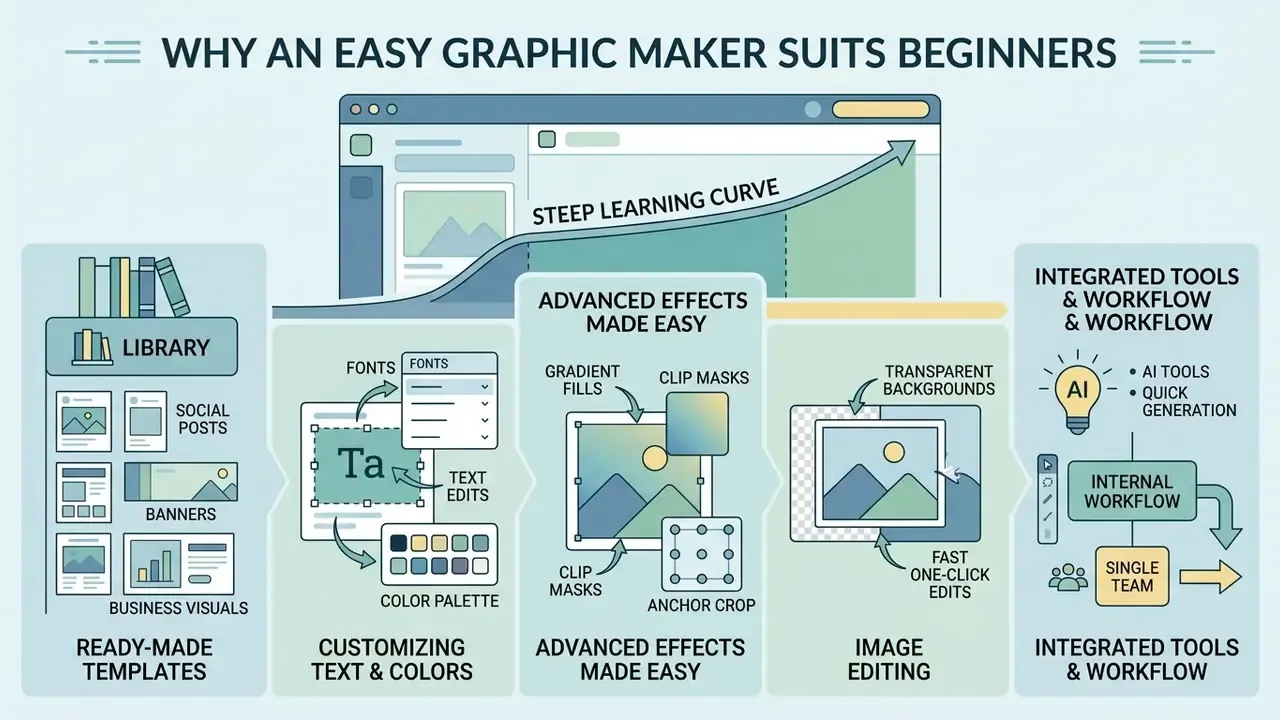 Visual breakdown of design features like templates, text editing, and AI tools that simplify workflows